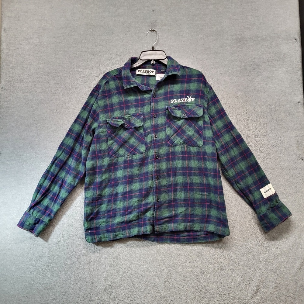 Playboy x Pacsun Men Button Up Shirt Medium Green Plaid Flannel Logo Embroidered